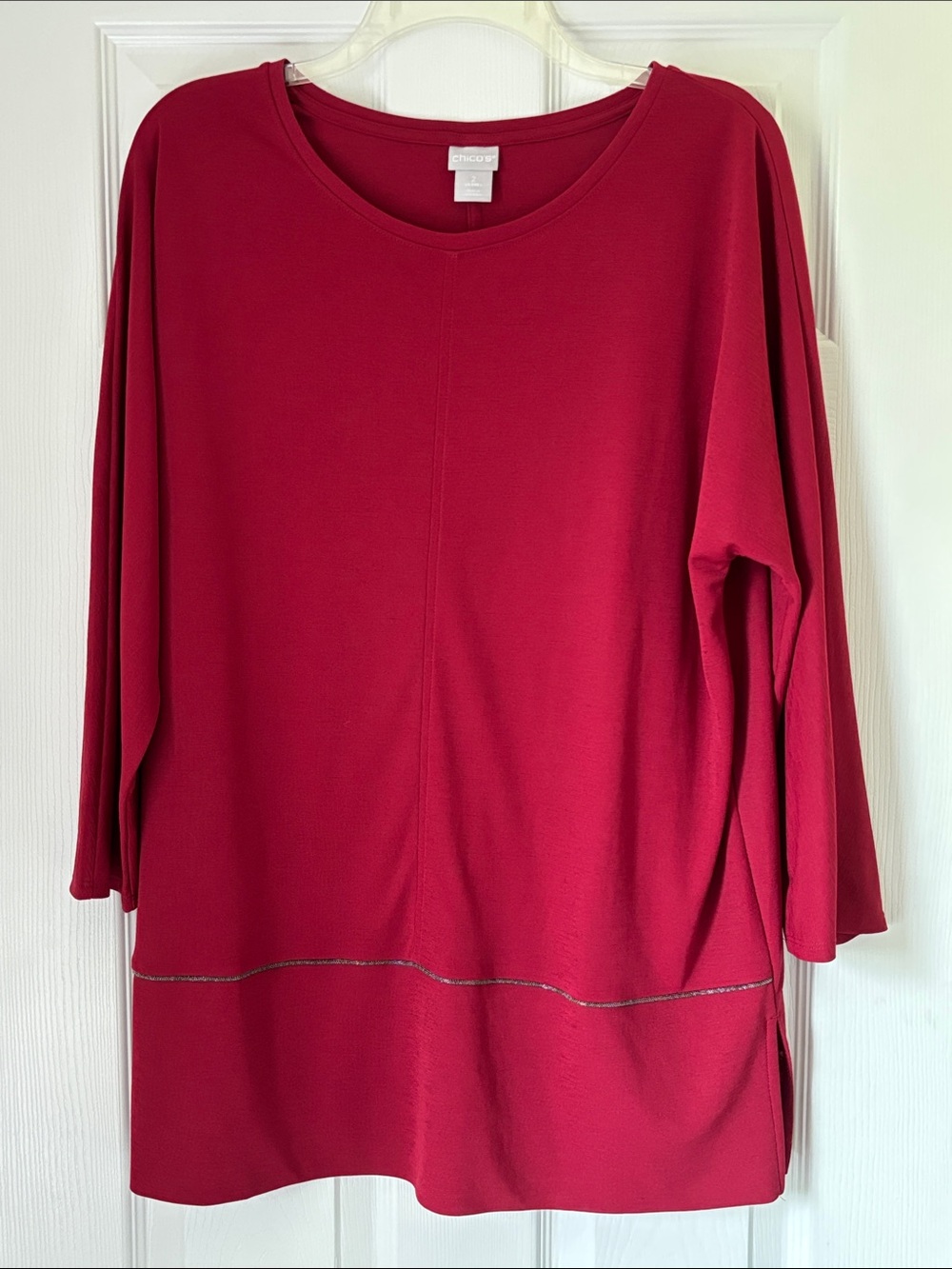 Chico's Deep Red Long Sleeve Tunic with Hem Stitch Detail